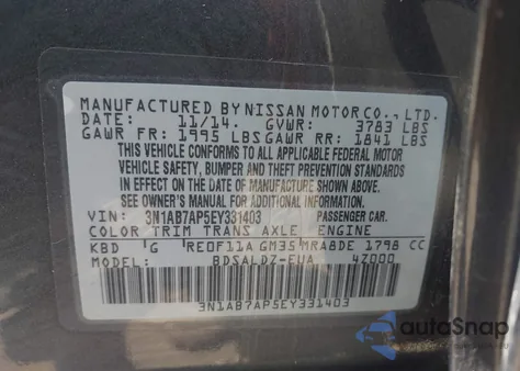2014 Nissan Sentra S/Sv/Sr/Sl from USA, damaged, VIN 3N1AB7AP5EY331403